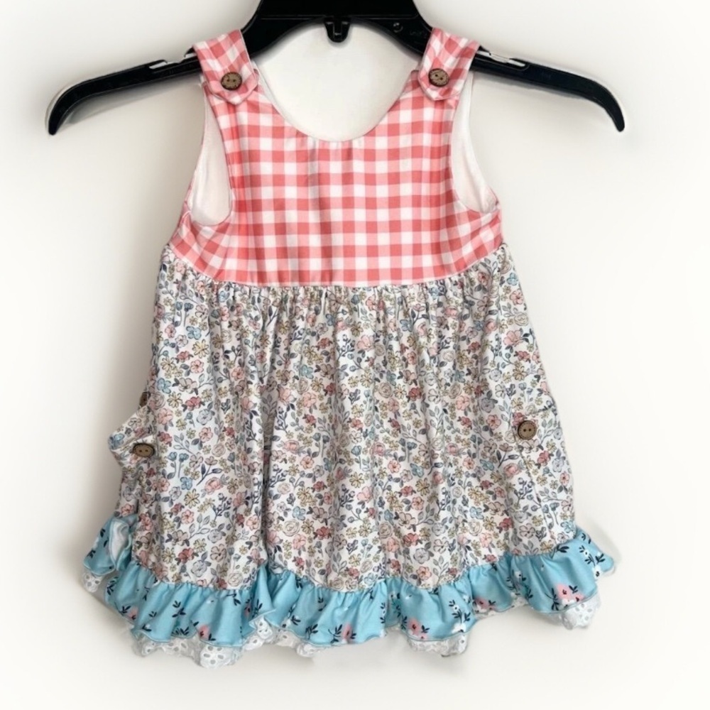 Cheeky Plum Pink Gingham Floral Skirt Sleeveless Button Ruffle Sundress Dress 4T